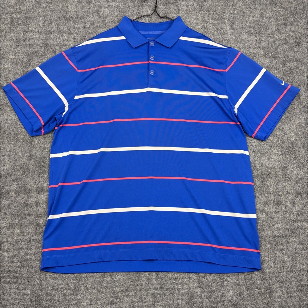 Nike Golf Dri-FIT Polo Shirt Mens XXL Blue Pink White Striped Short Sleeve